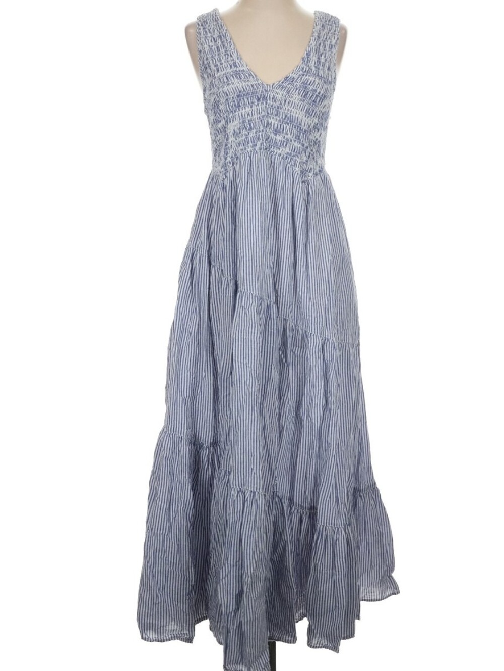 Free People Juno Blue & White Striped Tiered Maxi Dress In Small